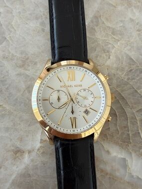 Men’s Michael Kors Gold-Tone Chronograph Watch with Black Leather Strap